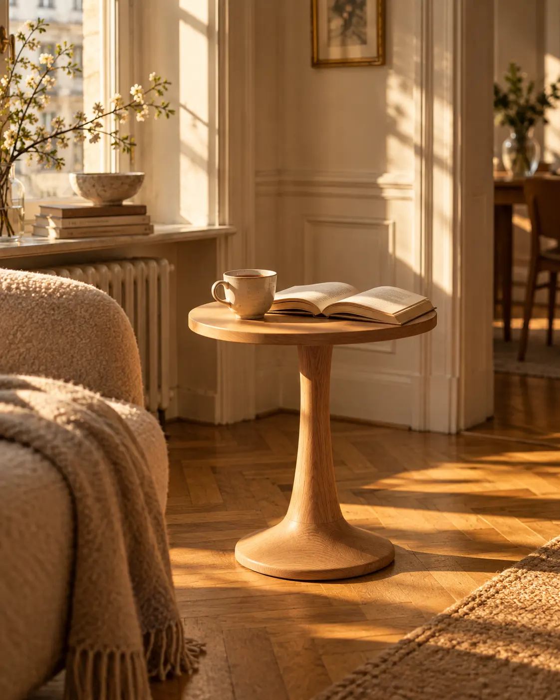 Table d’appoint ronde en chêne avec une tasse de thé et un livre ouvert au soleil, un canapé et un plaid à côté