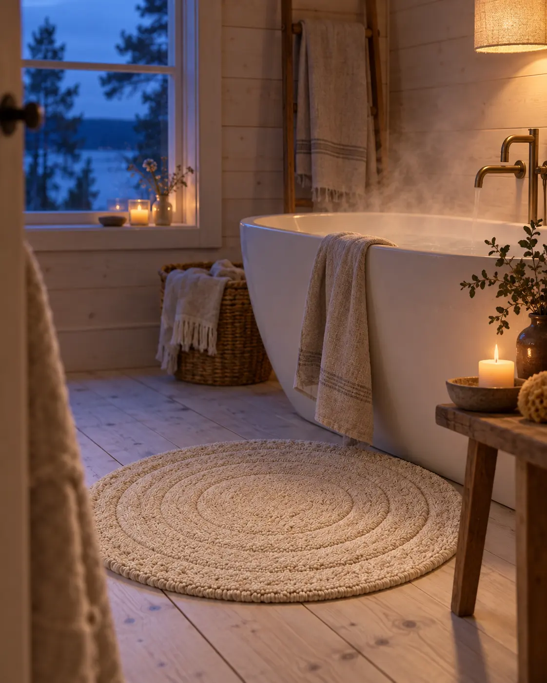 Tapis de bain rond tressé devant une baignoire fumante, une serviette sur le rebord et une lampe allumée