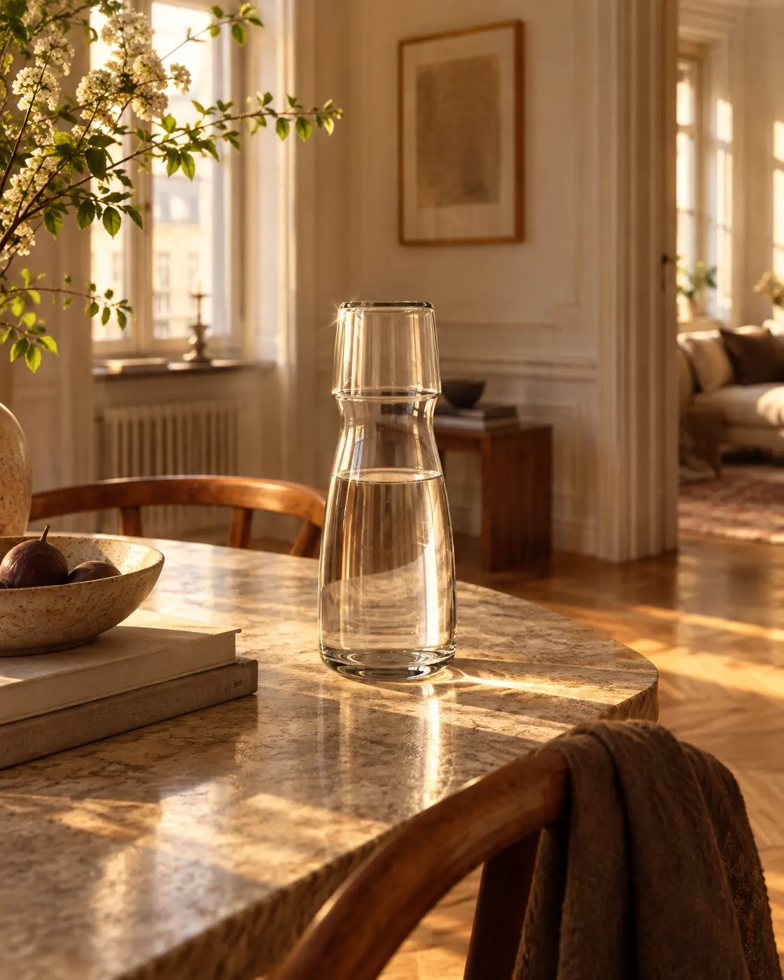 Carafe en verre transparent remplie d’eau et coiffée d’un verre, sur une table au soleil, une coupe de figues à côté