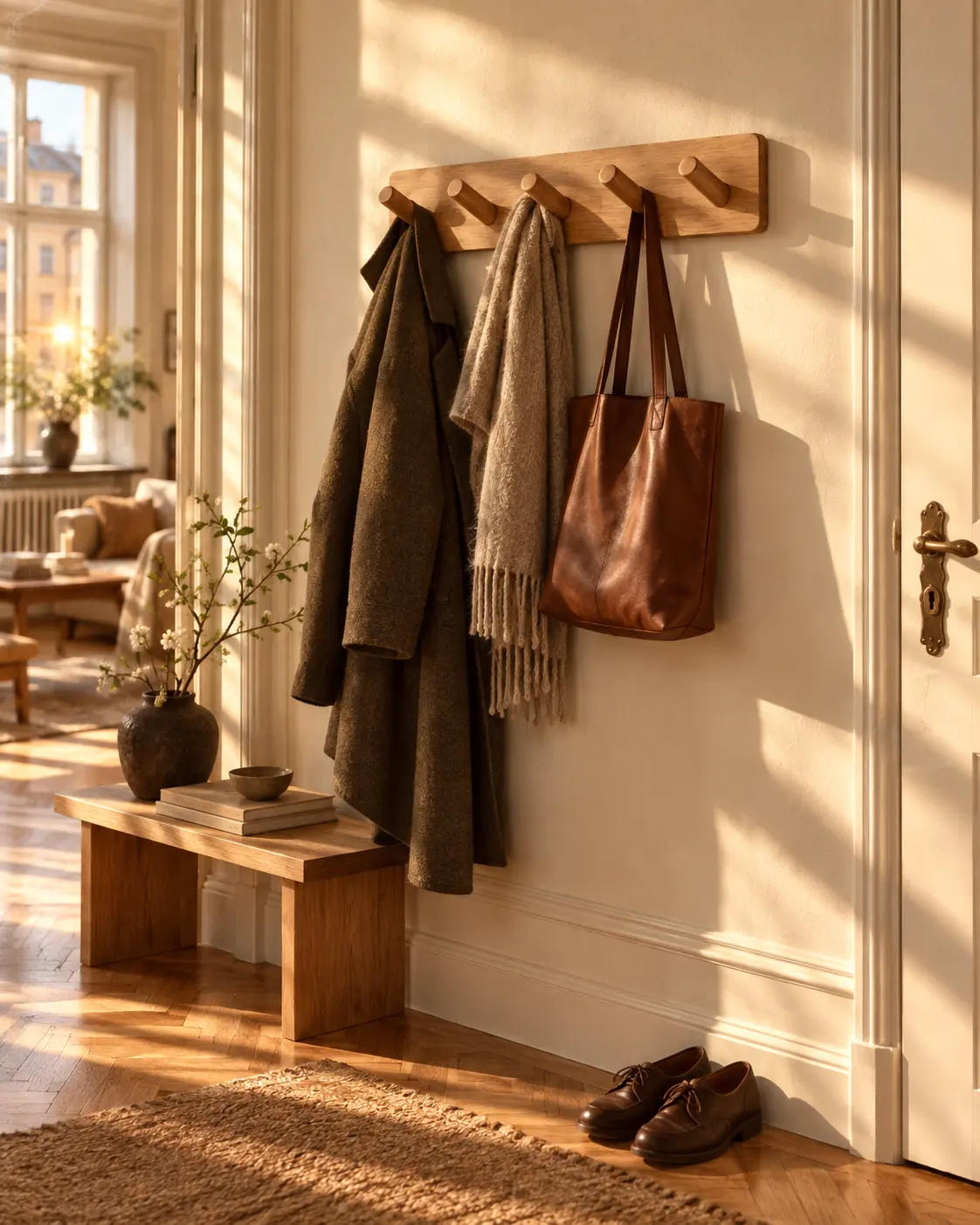 Portemanteau mural en chêne avec un manteau, une écharpe et un sac en cuir dans une entrée ensoleillée, un banc et des chaussures en dessous