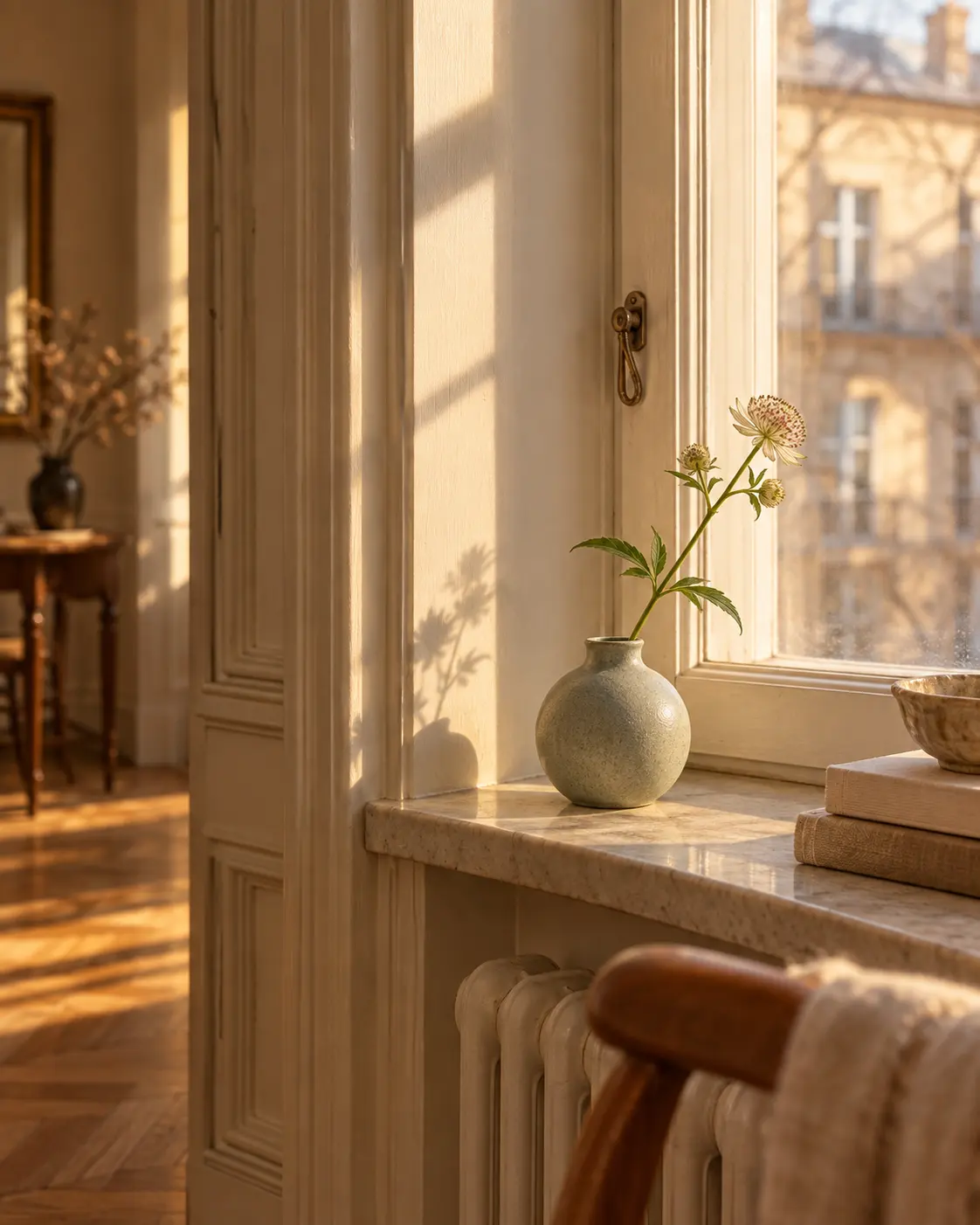 Petit vase rond en grès vert sauge avec une seule fleur sur un rebord de fenêtre au soleil