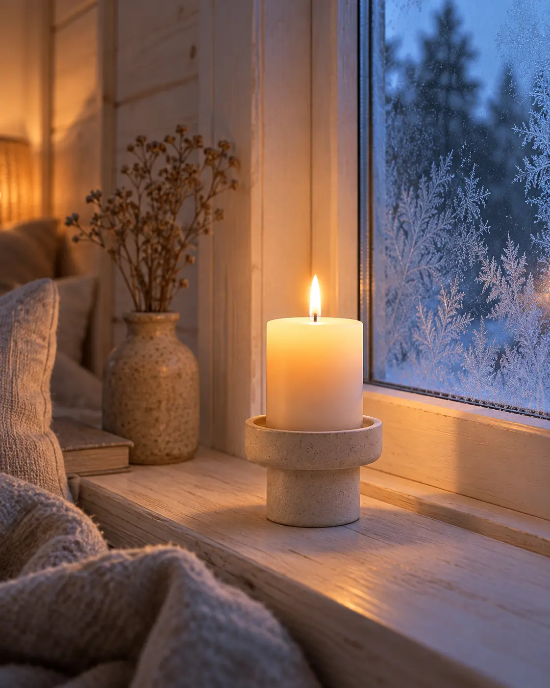 Une bougie allumée sur un bougeoir posé sur le rebord de la fenêtre, du givre sur la vitre