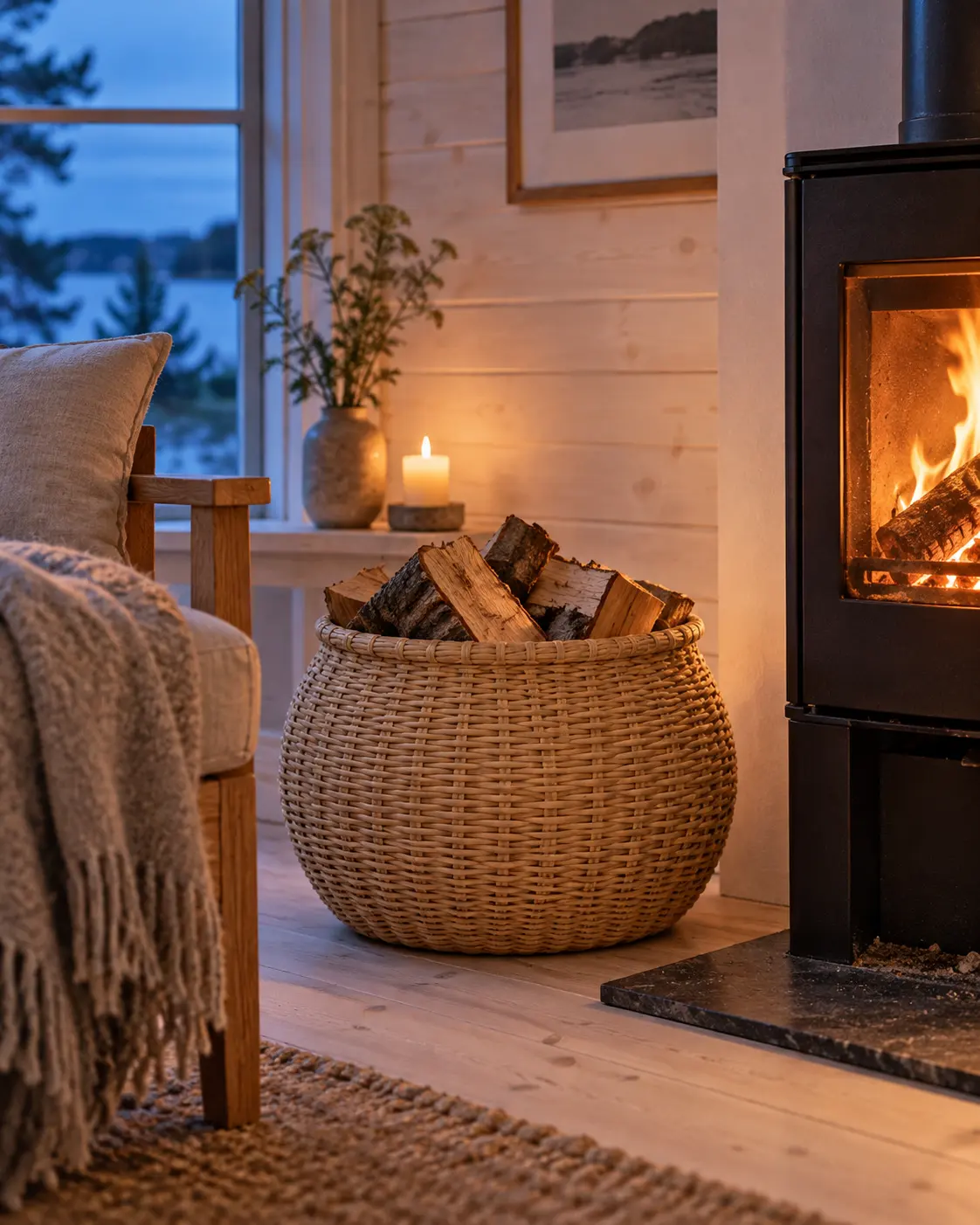 Rund flätad korg full med ved bredvid en brinnande kamin