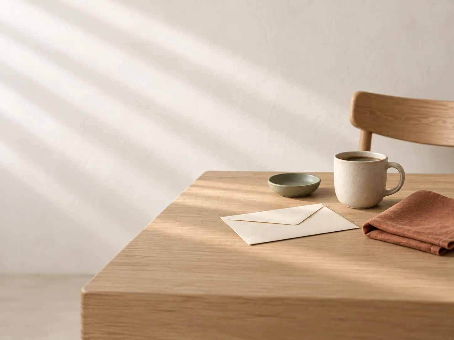 Une enveloppe fermée, une tasse de café et une serviette terracotta sur une table en chêne